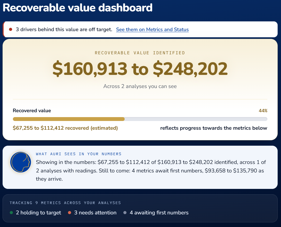 Recoverable value dashboard showing $160,913 to $248,202 identified, 44% recovered, and a breakdown of 9 tracked metrics
